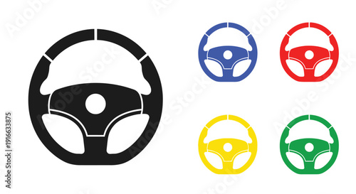 Four colorful steering wheels displayed with a black form silhouette