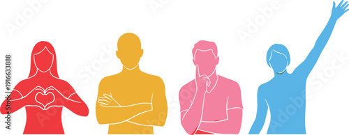 Colorful diverse people silhouettes representing inclusivity, teamwork, community, equality, and social connection concept in modern flat vector illustration