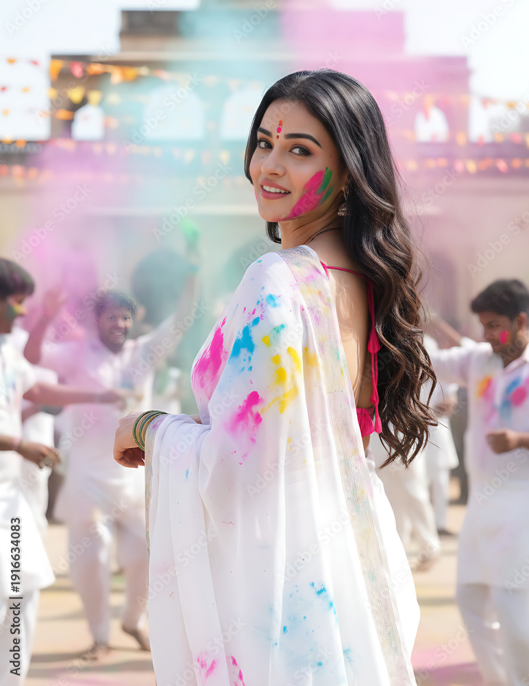 Naklejka premium Beautiful Indian women celebrating Holi rangpanchami dhulivandan with vibrant colors and joyful laughter