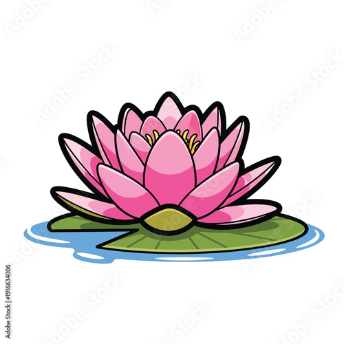 Vibrant pink water lily blossom illustration gracefully floating on tranquil water, a symbol of natural beauty and serenity in a peaceful pond environment