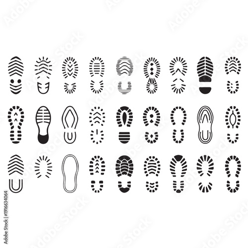 Footprint and shoe sole texture collection featuring various tread patterns for sneakers boots and formal footwear isolated on transparent vector