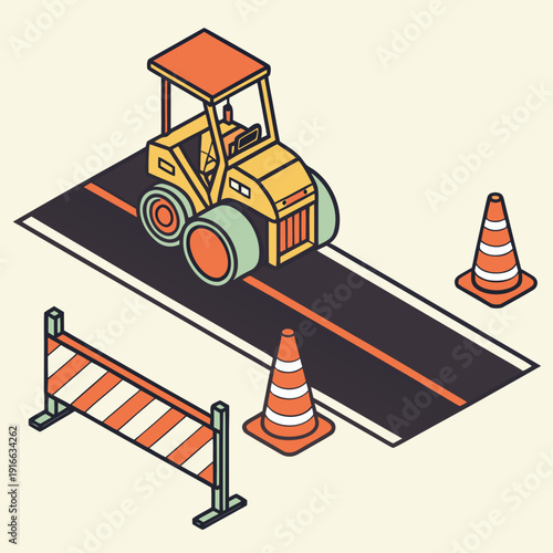 Road Construction with Steamroller, Traffic Cones, and Barrier