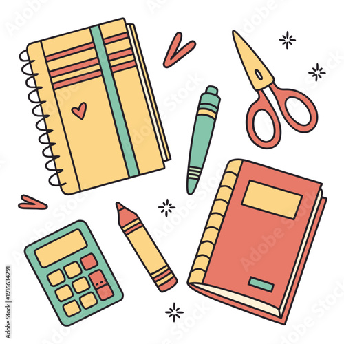 School and Office Supplies: Notebooks, Calculator, Pen, Scissors