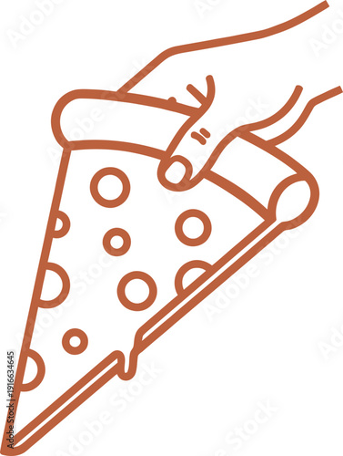 Hand of person holding a slice of pizza with melting cheese. Outline style. Food delivery concept for menu, banner, advertisement. Vector illustration