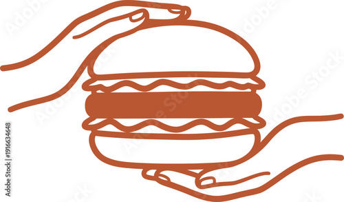 Hands holding a delicious burger, representing fast food, restaurant, and delivery concept. Vector line art illustration for menu, banner