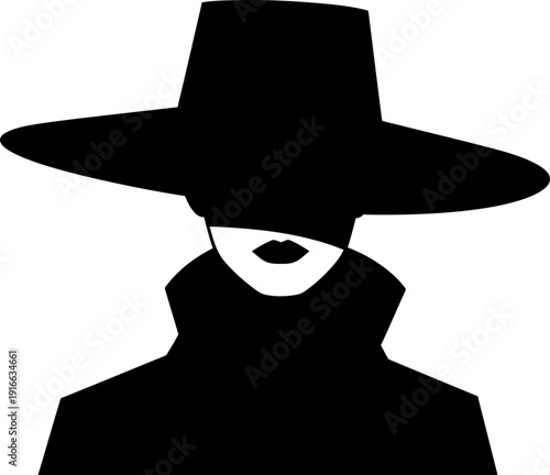 Mysterious person with a wide-brimmed hat in a dark trench coat icon, concept of secret agent, spy, or detective. Vector illustration