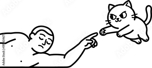 Man trying to touch angry curious cats paw. Funny animal communication and interaction cartoon doodle concept. Vector illustration