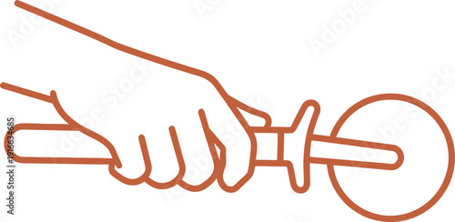 Hand holding a pizza cutter, kitchen utensil for cooking, baking, chef or food concept. Outline stroke vector illustration icon