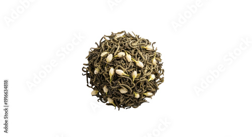 Overhead shot of a small, round pile of dried green tea leaves mixed with delicate white jasmine flower buds, isolated on a clean white background.