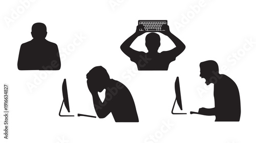Frustrated Computer User Silhouettes Showing Stress and Anger