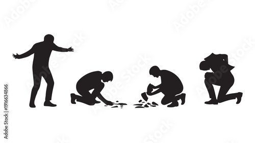 Black Silhouettes of Men Searching and Picking Up Objects from Ground Isolated on White