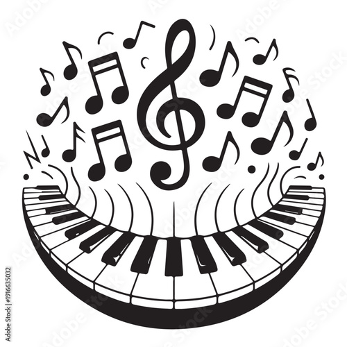 musical notes swirling above curved piano keyboard, treble clef and musical symbols isolated on transparent background, abstract music concept