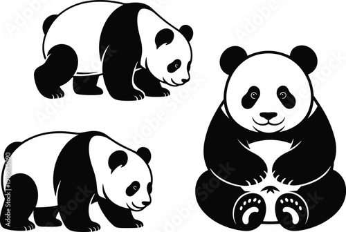Cartoon panda illustration, walking panda artwork, sitting panda character, cute bamboo bear design, playful vector cartoon, children activity, animal drawing