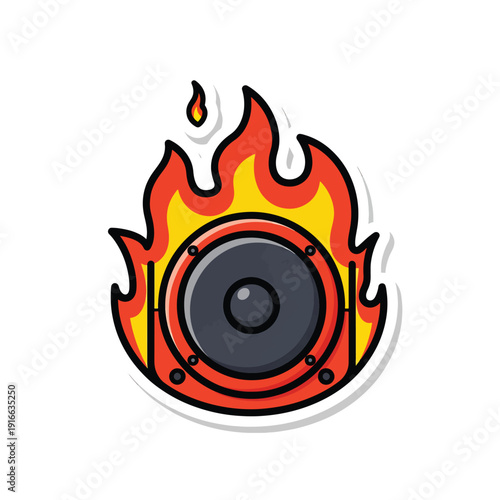 Loudspeaker on fire, a vibrant illustration symbolizing powerful sound, intense music, and energetic audio experiences, perfect for parties and events