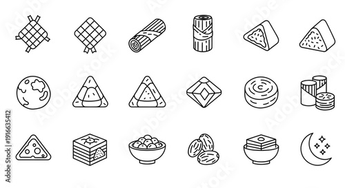 Traditional Iftar Food and Ramadan Line Icon Set for Eid Mubarak Celebration
