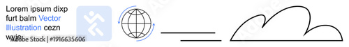 Online connectivity, global network, cloud storage, data access, communication, digital resources. A globe, cloud shape and minimal lines. Online connectivity and global network concepts
