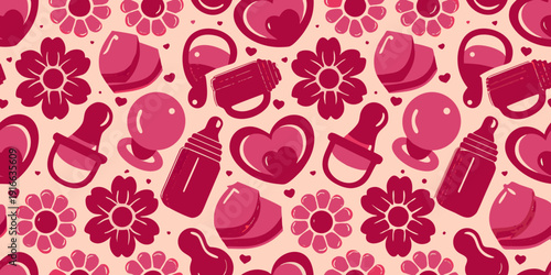 A vector graphic illustration of baby items and flowers in pink hues
