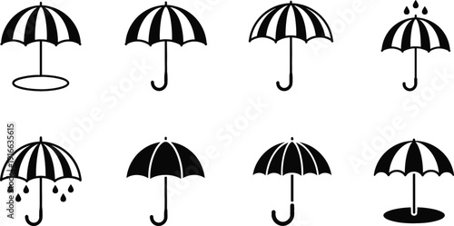 Umbrella Silhouette Icon Set Featuring Rain Protection, Weather Symbol, Parasol Shapes and Waterproof Shelter Signs Black Vector Collection