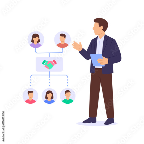 Identifying Stakeholders, recognizing key individuals involved project, Flat vector character illustration