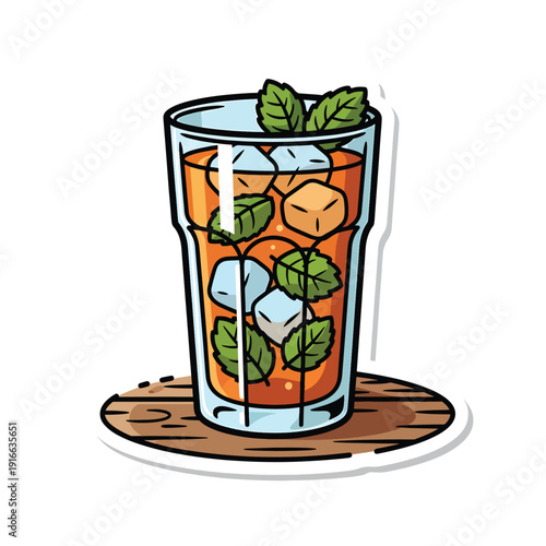 Refreshing iced tea with mint leaves and ice cubes in a tall glass, perfect for a hot summer day