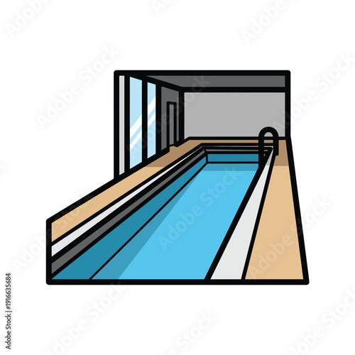 Modern indoor swimming pool with clean blue water and lounge area, architectural design for relaxation and recreation
