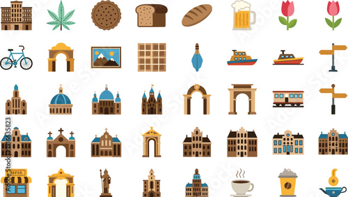 Italy Travel Icon Set Featuring Colosseum, Pisa Tower, Venice Gondola, Italian Food, Landmarks and Cultural Symbols Colorful Vector Collection