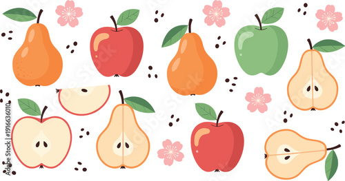 Cute apples and pears seamless pattern with sliced fruits leaves and flowers colorful flat vector design for food packaging textile and kitchen decor projects