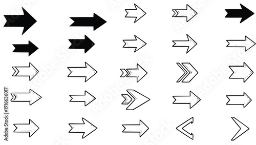Collection of hand drawn black arrow icons in various styles and directions on a clean white background for navigation and design elements