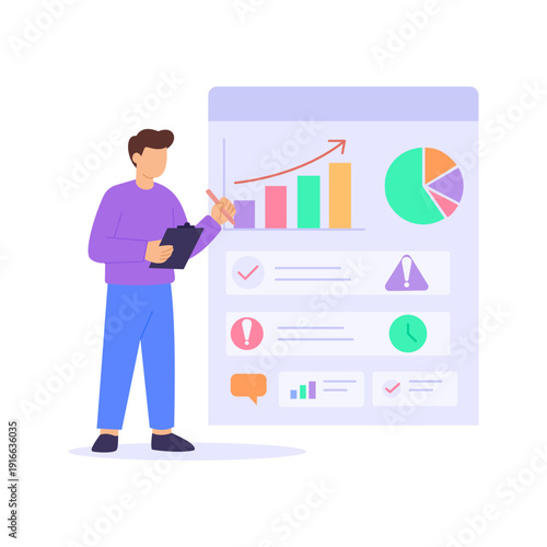 Status Reporting, communicating progress and performance updates, Flat vector character illustration