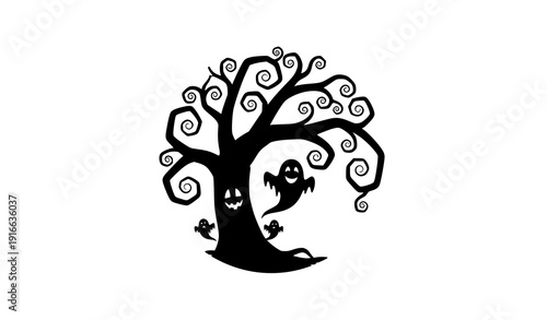Creepy Haunted Tree and Ghosts Silhouette Halloween Badge Style Vector Illustration