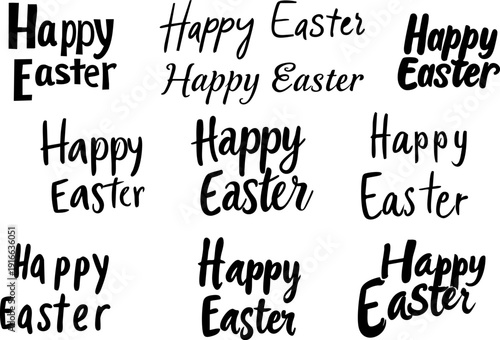 Set of Happy Easter hand-drawn lettering phrases, vector typography design elements in various calligraphy styles for greeting cards. EPS 10