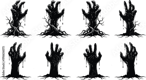 Creepy Zombie Hands Illustration Set Rising from Ground in Dark Horror Style Isolated on White Background