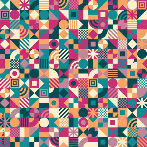Vibrant seamless geometric pattern, colorful mosaic background with abstract shapes and lines, vector illustration in modern pop art style. EPS 10
