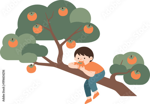Cute boy sitting on persimmon tree branch illustration representing autumn harvest, childhood adventure, and seasonal fruit picking in soft flat vector style