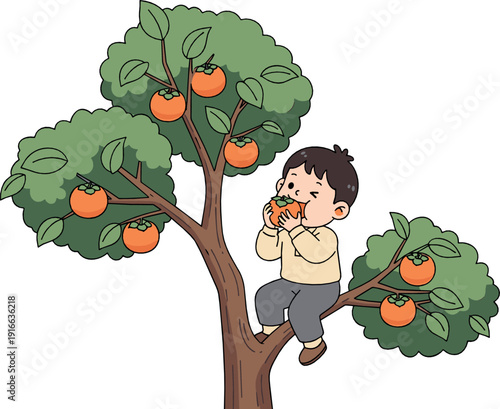 Cute boy picking and eating persimmons from tree illustration representing autumn harvest, childhood, and seasonal fruit gathering in soft flat vector style