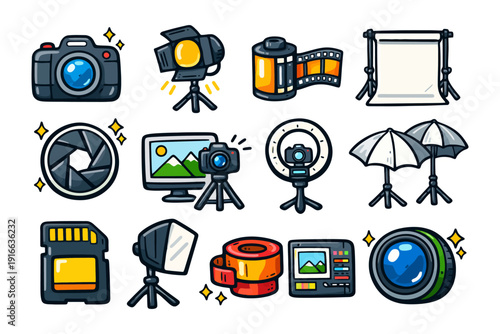 Photography equipment icons: camera, lighting, film, tripod, lens, backdrop, editing tools.