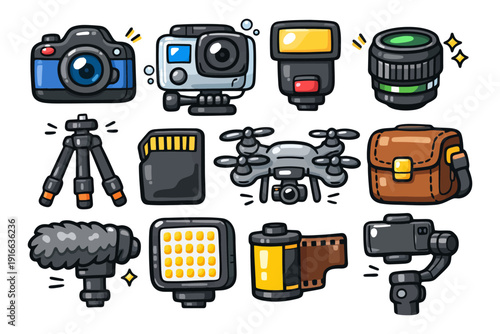 Camera equipment collection: dslr, drone, tripod, flash, lens, memory, bag, light.