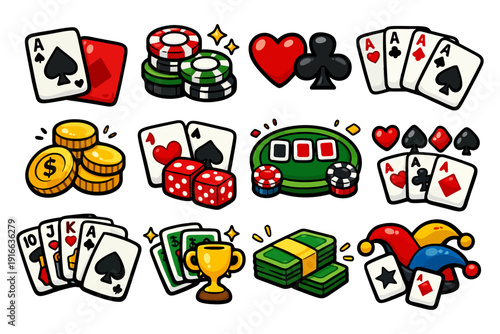 Colorful casino icons: poker, dice, cards, chips, money.