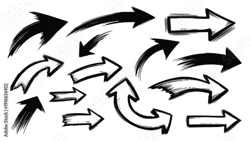 collection of hand drawn arrows in various directions and styles on a white background indicating movement and direction