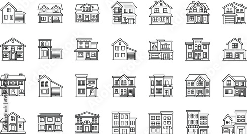 Residential House and Building Icon Set Featuring Modern Homes, Townhouses, Apartments, and Urban Architecture Line Vector Collection for Real Estate Design