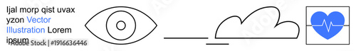 Healthcare technology, vision, cloud storage, heart rate monitoring, modern services, digital health. Eye, cloud and heart graphic with heartbeat line. Healthcare technology and digital health