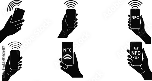 NFC payment symbols showing hands holding smartphones making contactless tap to pay transactions