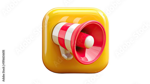 Announce and Amplify: A vibrant graphic presents a megaphone emerging from a yellow rounded square, symbolizing announcement and amplification. Capturing message clarity and persuasive communication.