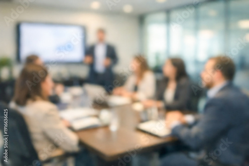 Male and female employee attending a presentation at modern office meeting. Man giving large screen presentation. Blurred image for background and copy space.