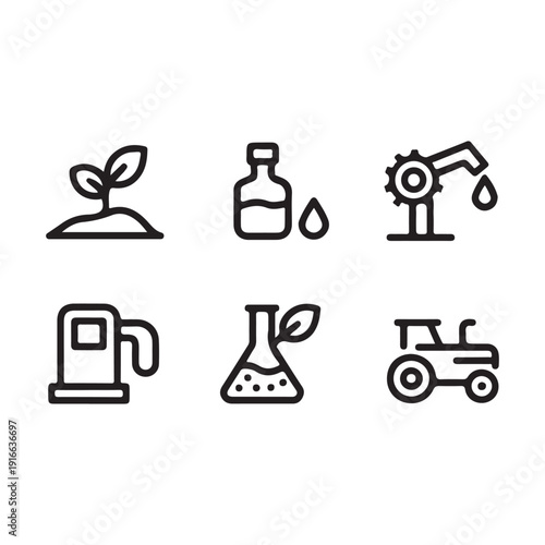 Set of bio fuel and agriculture icons including plant growth bottle with oil drop water pump fuel dispenser lab flask and tractor line art