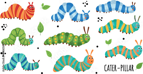 Cute colorful caterpillar characters set with playful poses and patterns representing insects, nature, childhood learning, and friendly animals illustrated in flat vector style
