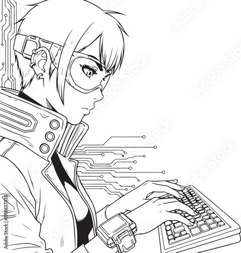 Cyberpunk Hacker Girl Typing on Holographic Keyboard Sci-Fi Anime Vector