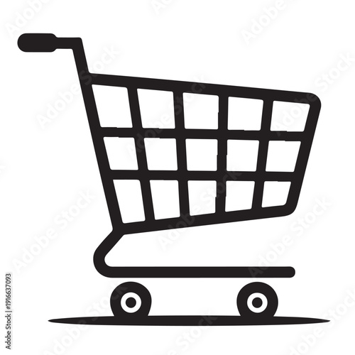 Simple shopping cart icon with black wire mesh basket and handle on wheels for retail commerce and supermarket business identity symbol design