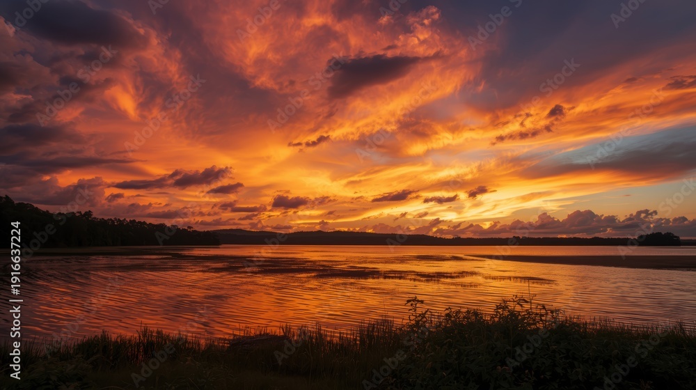 Obraz premium Serene sunset over calm waters reflecting vibrant hues of orange and pink