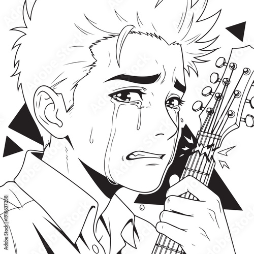 Sad Anime Musician Crying Holding Broken Guitar Emotional Close Up